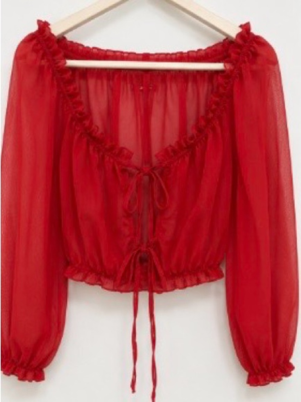 Sheer Ruffle Tie-Front Blouse in Bright Red